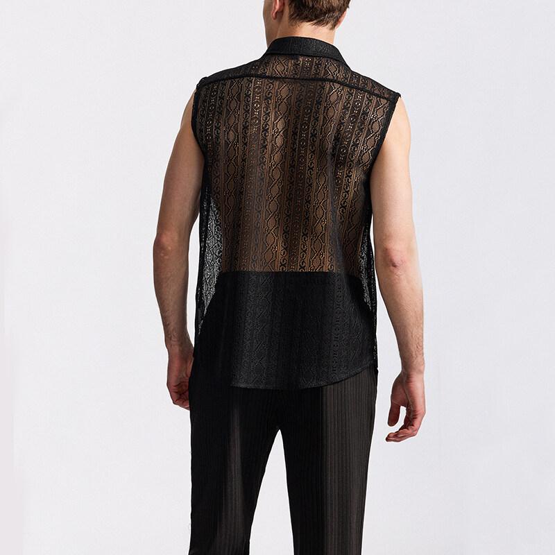 Summer Men's Mesh Lace Knit Shirt Streetwear Hollow-Out Sleeveless Dance Perspective Shirts Nightclub Disco Performance Tops