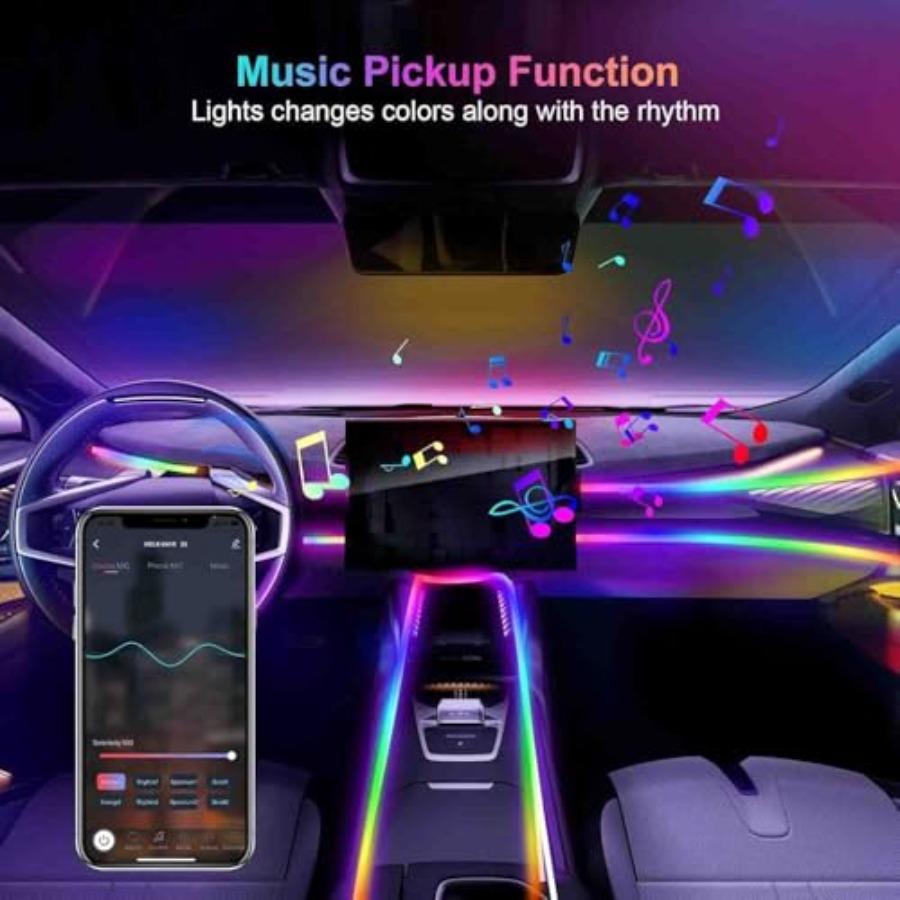 Acrylic Interior Car LED Lights with Wireless APP 6 In 1Ambient Lighting Kits Fiber Optic Strip LEDs 16 Million Colors Musicand