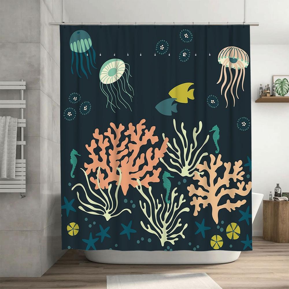 Modern Bath Shower Curtain With Marine Life Printjellyfish, Sea Urchins, Seashells Coral Waterproof Fabric For Home Decor In Nav