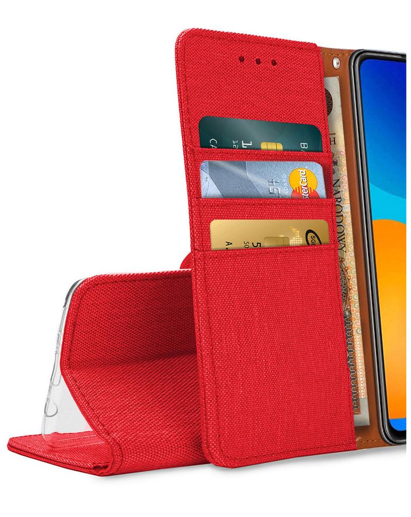 Etui Typu Portfel Do Motorola Moto G15 / G15 Power - Czerwony Pokrowiec Canvas + Szkło