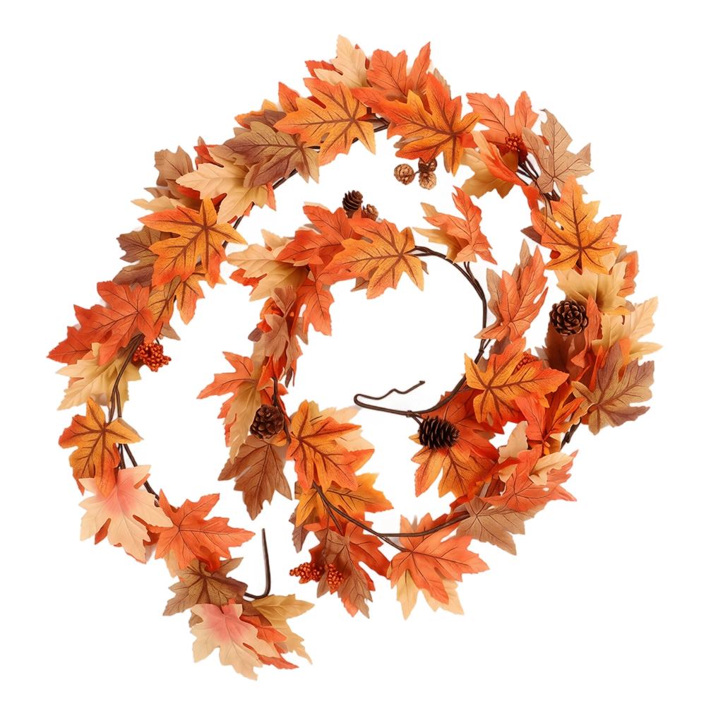 Artificial Maple Leaf Garland for Fall Thanksgiving Decor - Faux Wreath for Front Door Hanging
