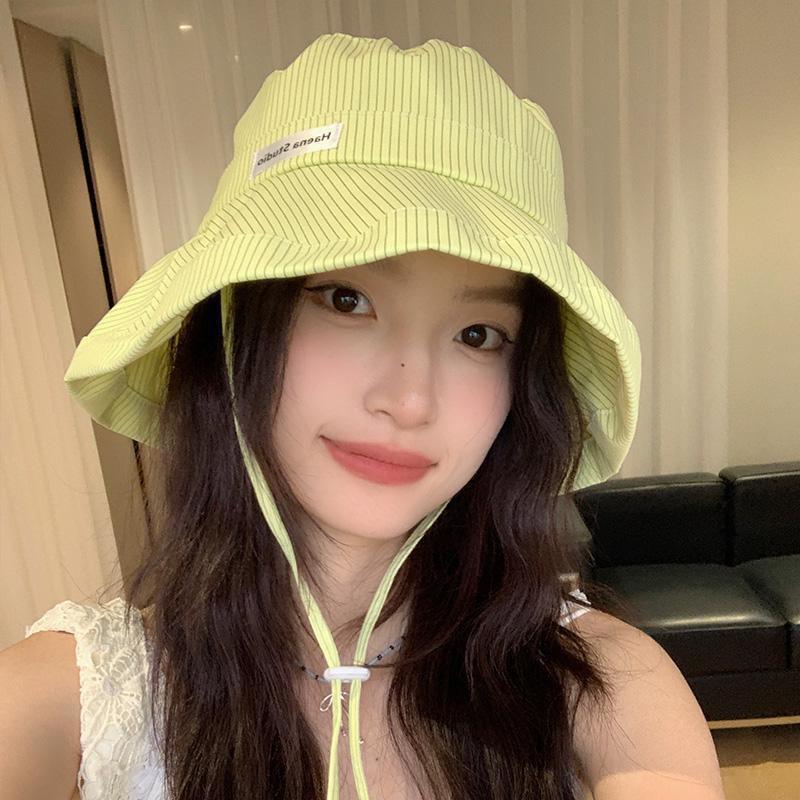 Fashion Stripe Women Fisherman Hat Candy Color Summer Outdoor Sunscreen Basin Cap Travel Beach Wide Brim Bucket Hat With Rope