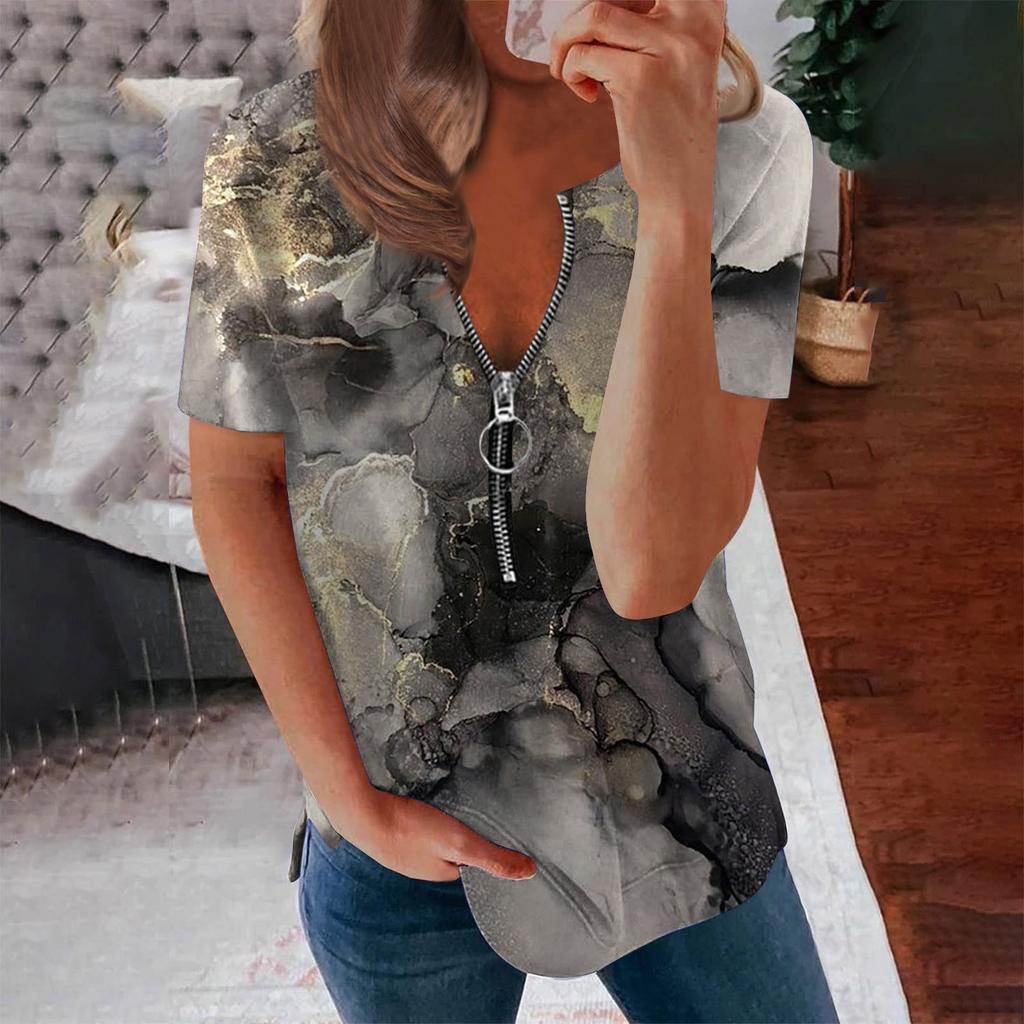 Trendy Summer Shirts Womens Fashion Casual Printed Casual T-Shirt Short Sleeve Zippered V-Neck Pullover Blouse Tops