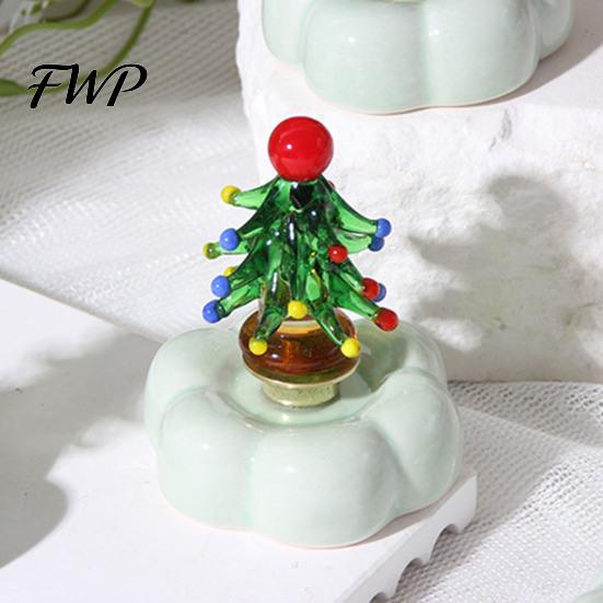 Car Dashboard Ornament Glass Christmas Tree Figurine with Rotating Ceramic Base, Handmade Glazed Unique Holiday Keepsake for Desk Decor And