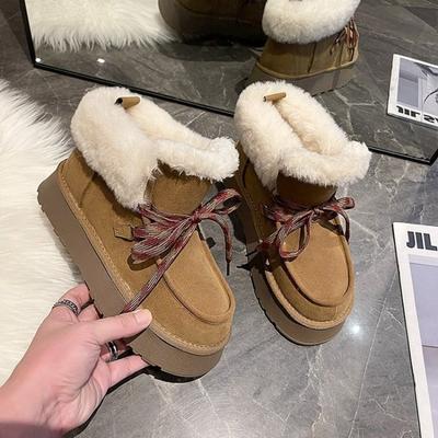 Fashion Women's Fashion Platform Snow Boots Winter New Round Head Suede Front Strap Anti-slip Wear-resistant Short Boots