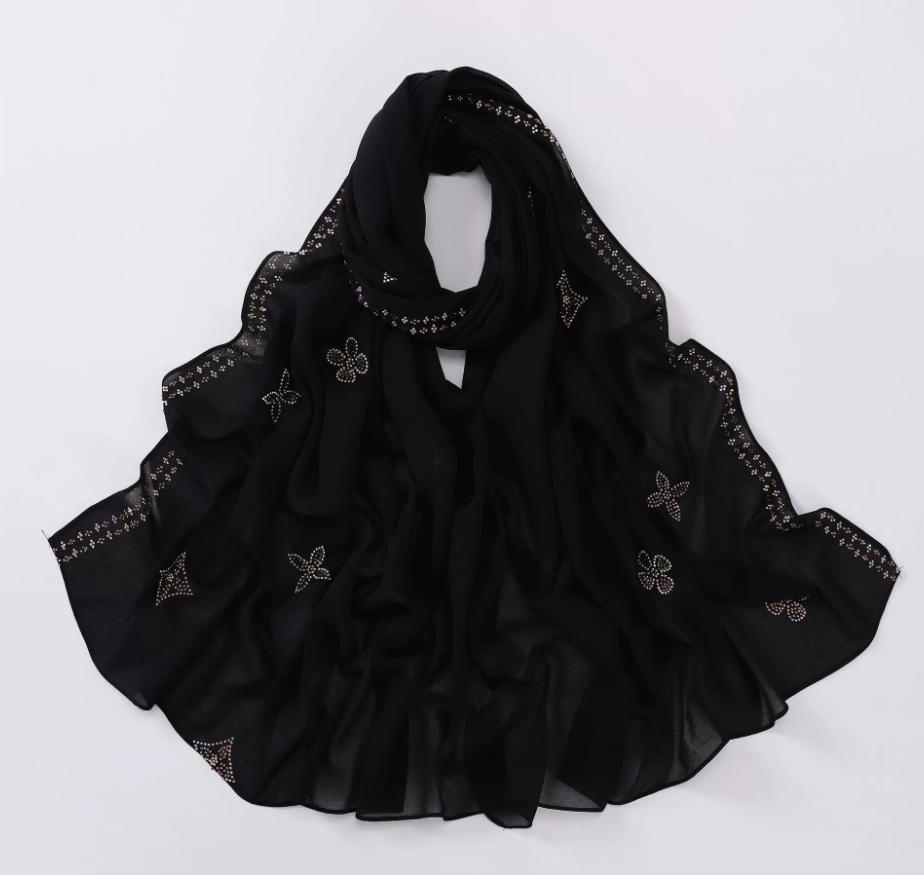 New Chiffon Hijab With Rhinestones Diamonds Scarf Shawls Solid Headscarf Wraps Ramadan Eid Hijabs Glitter Headband Turban