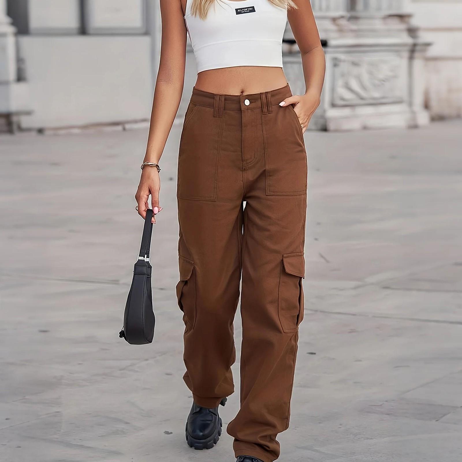 

Women s High Waist Washed Women s Jeans Fashionable Versatile Straight Leg Pants L коричневый