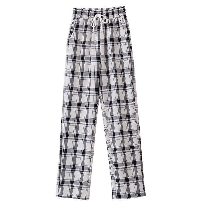 Übergröße Schwarz-Weiß Karierte Eisseide Weitbeinige Hose für Damen - Hochtailliert Locker Geschnitten Schlankmachend Dünn Sommer Lässig Gerades Bein Hose