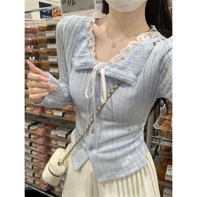 

Chic Korean Blue Lace Slimming Long-Sleeved Top Medium синий