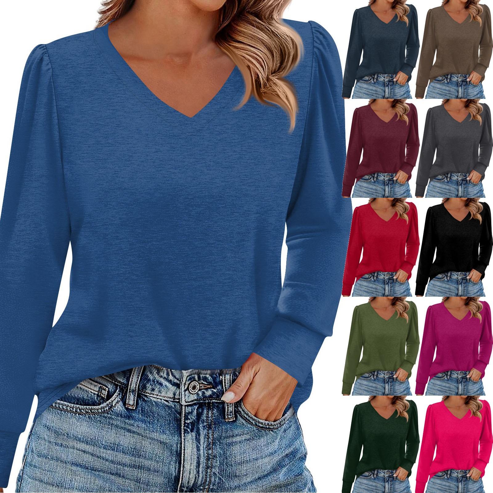 

Women s Fashion Casual Long Sleeve Solid Color Shirt Women s V-Neck Tops M червоний