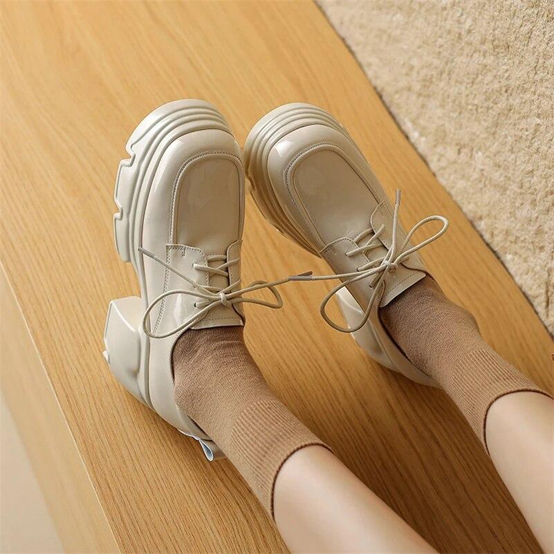 FOREADA Women Patent Leather Pumps Round Toe Platform Thick High Heels Lace-up Ladies Fashion Shoes Spring Autumn Black Beige
