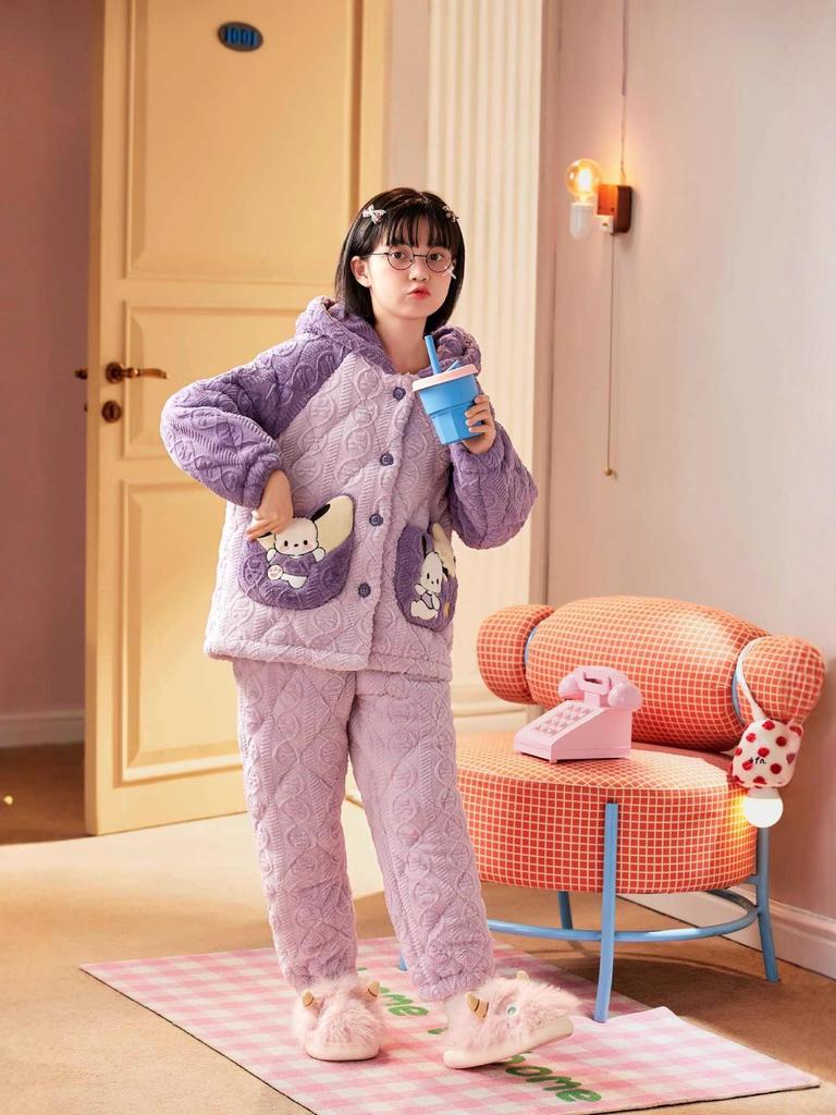 Girls' Kuromi Quilted Fleece Pajamas - Thick, Cute Autumn/Winter Home Wear (2025)