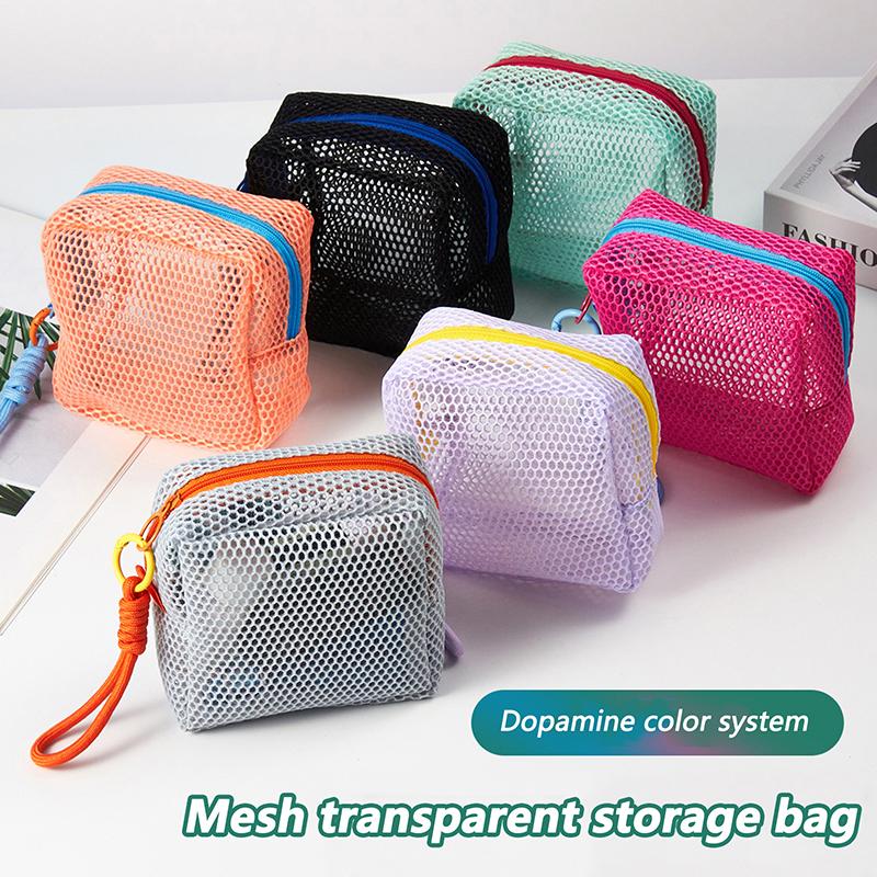 Portable Mesh Cosmetic Bag Dopamine Color Storage Makeup Case Women Mesh Toiletry Storage Pouch Organizer Sundries Storage Bag