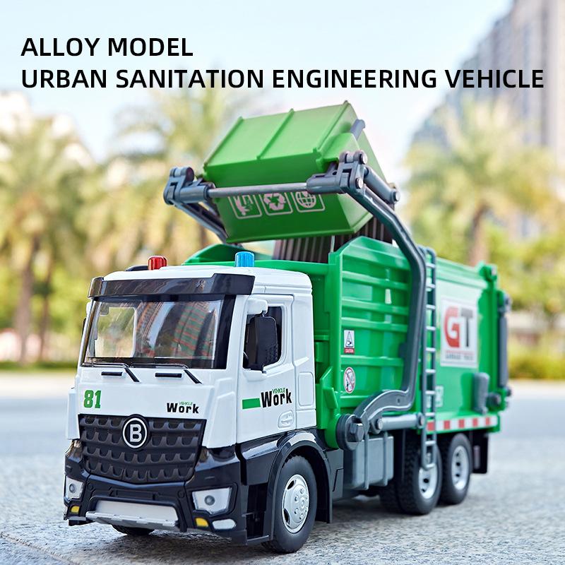 New 1:24 Large Urban Sanitation Vehicles Alloy Metal Diecast Model Car Sound & Light Series Simulation Construction Trucks Toys For Kids