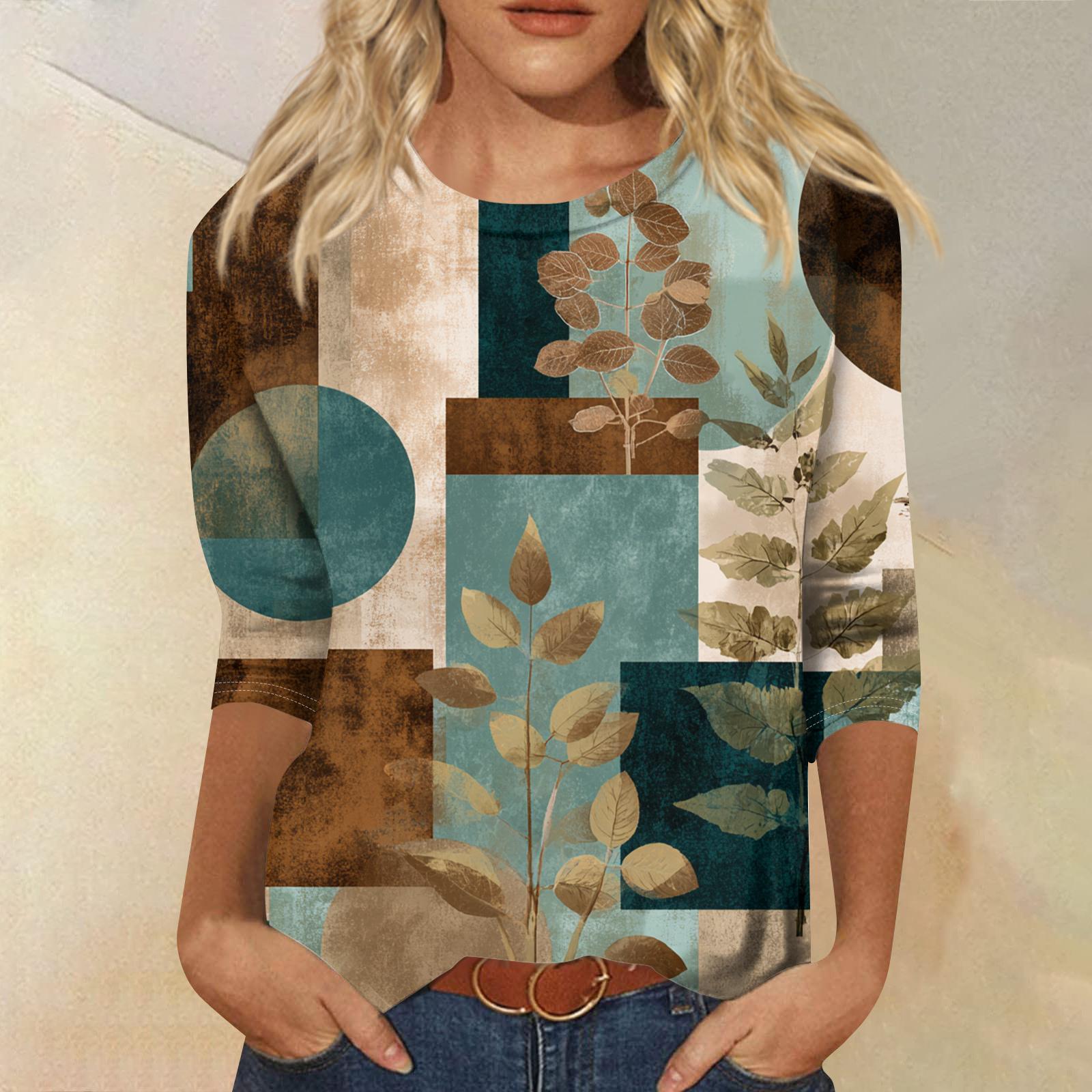 

Женская модная повседневная футболка с круглым вырезом, рукавом три четверти и ретро-принтом L