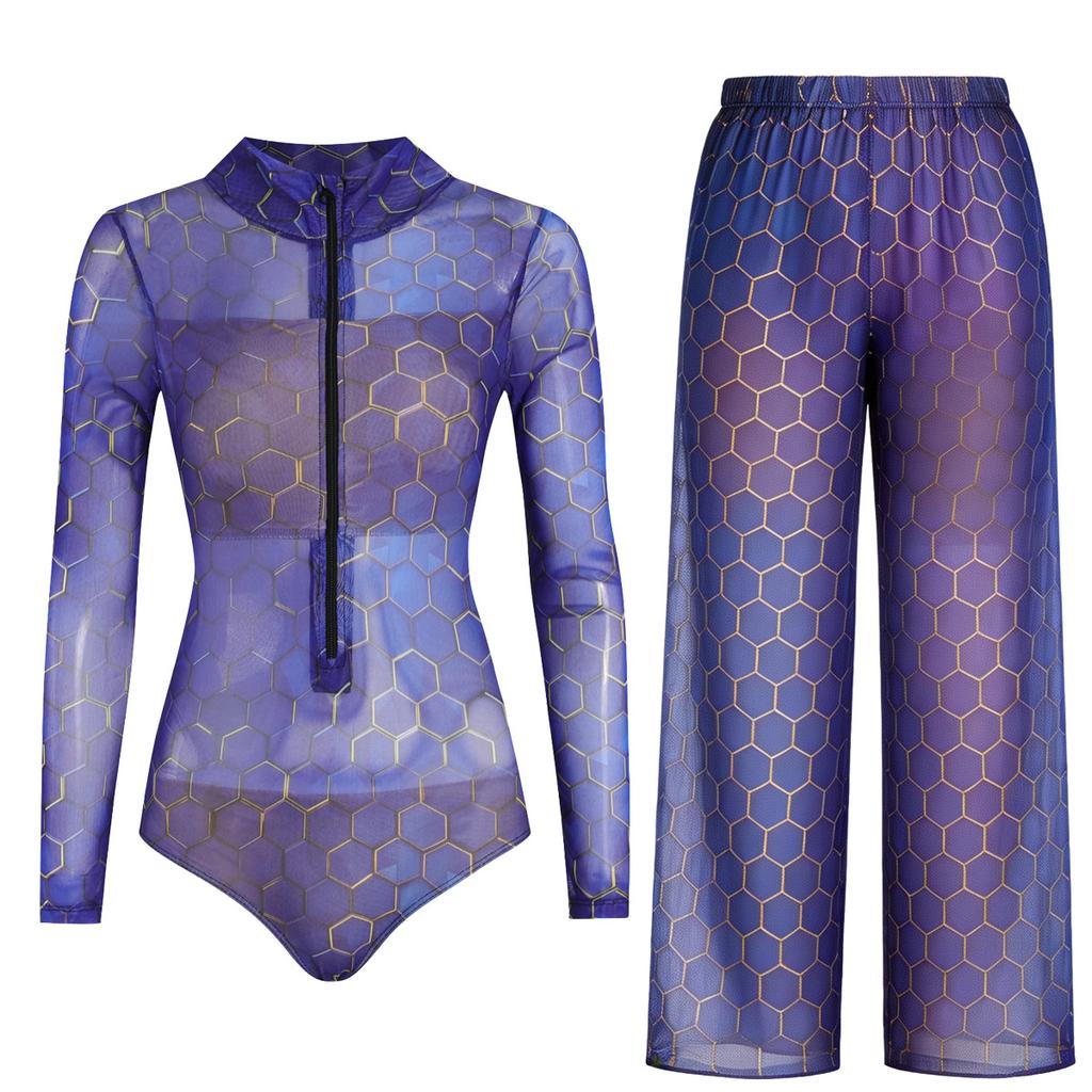 Costum de baie cu protecție solară și mânecă lungă pentru femei, elasticitate ridicată, plasă îngroșată, pantaloni largi, costume de baie europene și americane, fitness, piesă unică