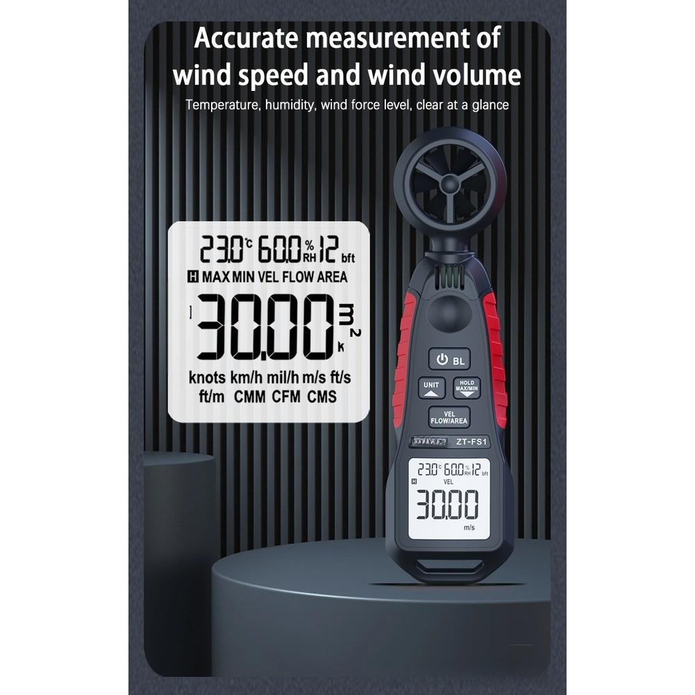 

Air Flow Meter ZT-FS1 Digital Anemometer with Temperature Humidity Monitoring 0.4-30 m/s Range TPE+ABS Body LED Backlight China Mainland