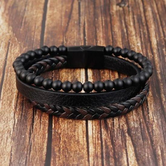 Men's Multi-Layer Leather Bracelet with Natural Volcanic Stone & Titanium Steel