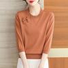 Seven Inch Ice Silk Knitted Shirt with Middle Sleeve Spring and Summer Thin Loose Mom Chinese Style Buckle Lace Top