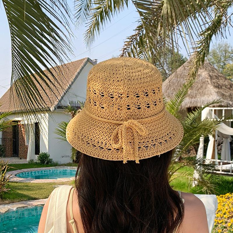 Temperament hollow solid color hat women's spring and summer knitted breathable bucket hat big brim showing small face versatile basin hat