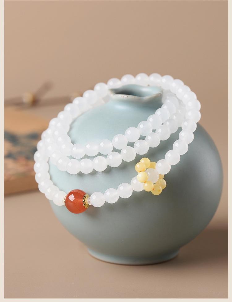Xinjiang Hetian Mutton Fat White Jade Three-Circle Bead Bracelet Necklace