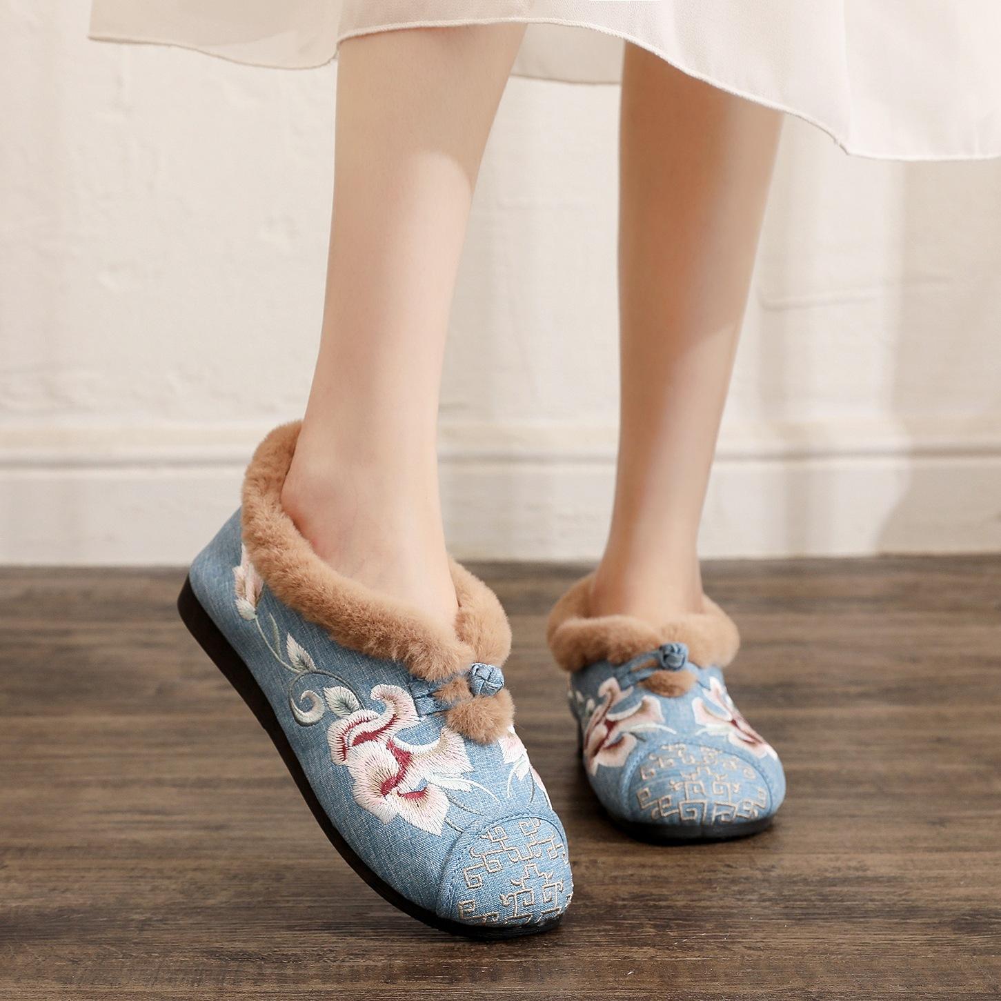 

[Yayun] 2024 зимняя бархатная окантовка модная круглая вышитая тканевая обувь осенне-зимняя однопедальная женская обувь из хлопка 40 синий