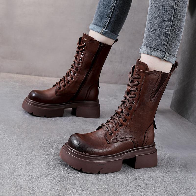 Cowhide Medium Boots Women's Genuine Leather Cotton Short Knight Boots Retro British Style Thick-soled Boots YR-YR1616