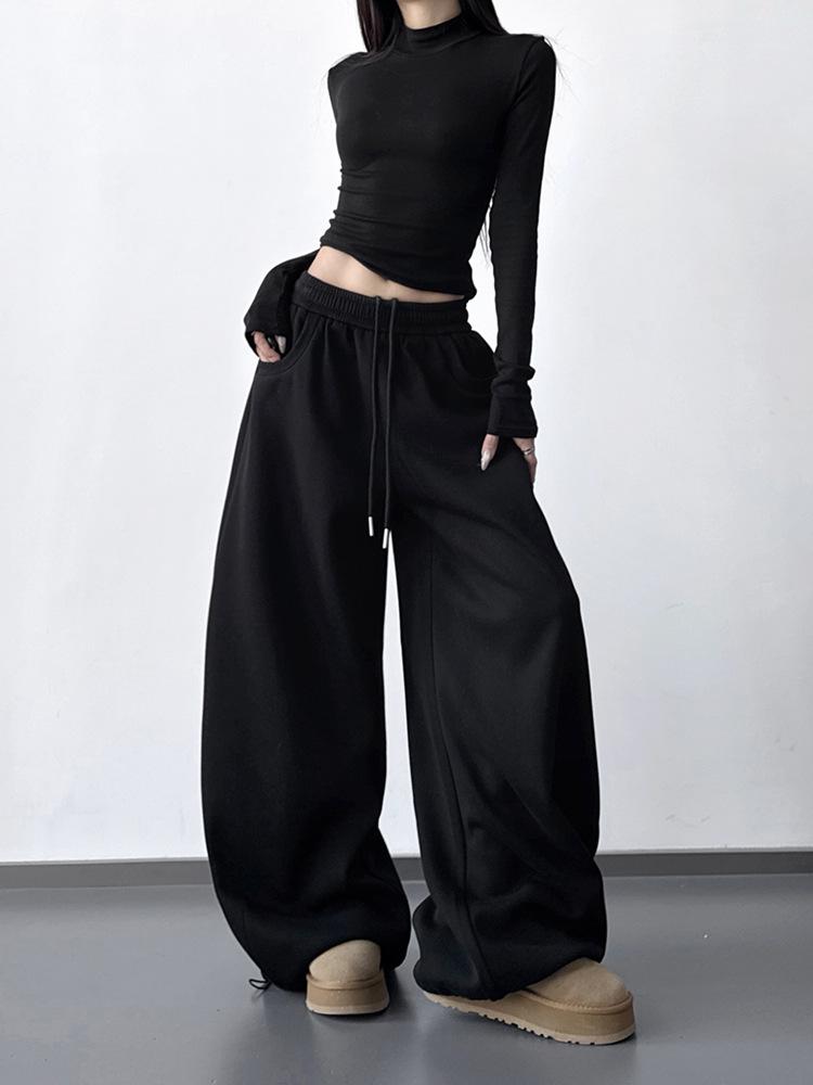 Women's Stylish Black Velvet Wide-Leg Sports Pants - New 2025 Winter Fashion, High Street Casual Style