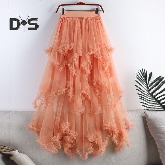 Dámská dortová sukně s polovičním pasem, elastickým pasem, nepravidelným lemem, midi sukně, jednobarevná, síťovaná, kolová, dlouhá sukně, pro každodenní nošení