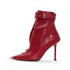 Women Red Pointed Toe High Heel Ankle Boots Metal Decoration Front Zipper Belt Buckle Fashion Short Boots For Autumn Winter