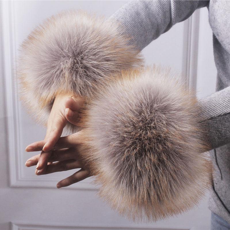 Frauen Kunstpelz Plüsch Manschette Hand Armwärmer flauschig weiche Handgelenk Band Handschuhe Winter