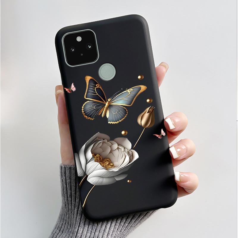 Silikonhülle für Google Pixel 5 Pixel 5A Pixel5 Pixel5A Weiche Abdeckung Luxus Mode Schmetterlingsblumen Bemalt Schwarz Handyhülle