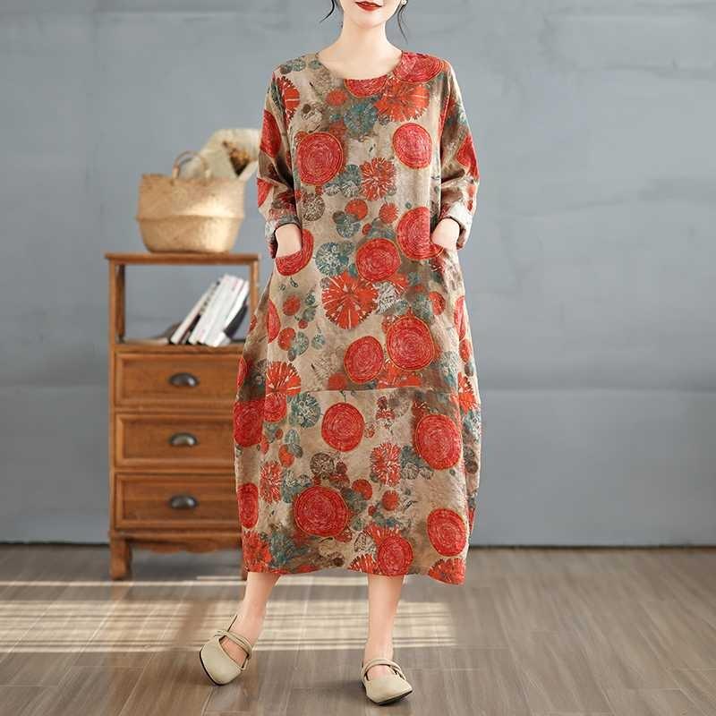 New Retro Printed Round Neck Loose Plus Size Long Dresses