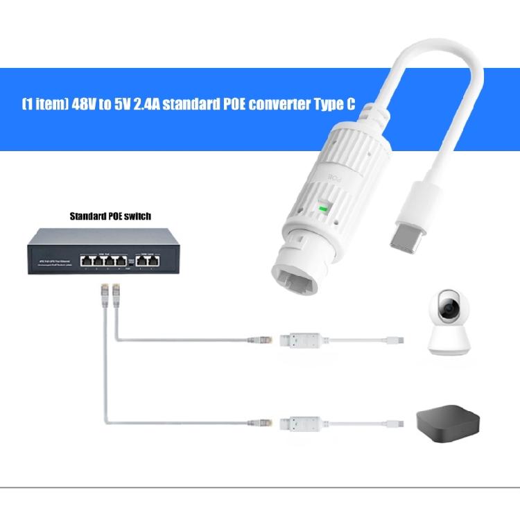 POE to Type C Adapter 48V to 5V 2.4A Type C Output High Efficiency ABS Protective Casing Over Current Protections