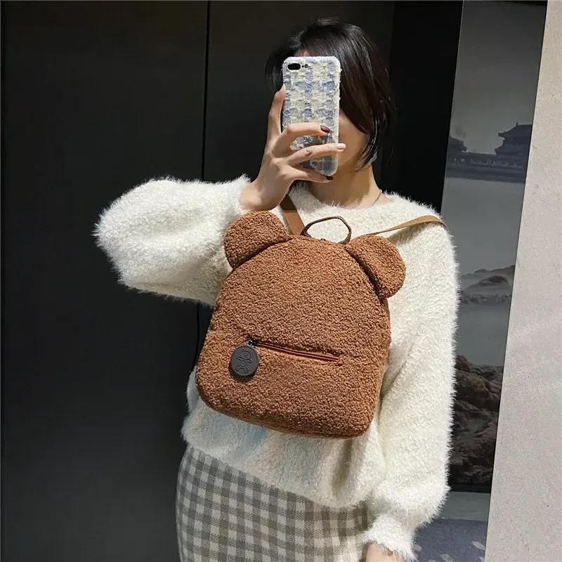 Cute Bear Ear Fleece Small Backpack Kids Girls Casual Warm Lambswool Daypack Bag Schoolbag Rucksack For Travel Shopping