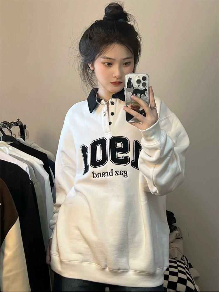 Japanese Harajuku Thin Lapel Sweatshirt: Women's Loose Korean-style Polo Collar Top
