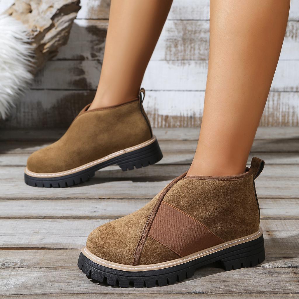 Plus Size Slip-On Loafers Autumn Winter Roman Style Platform Round Head Suede Black Women's Shoes Casual Heeled Ankle Boots