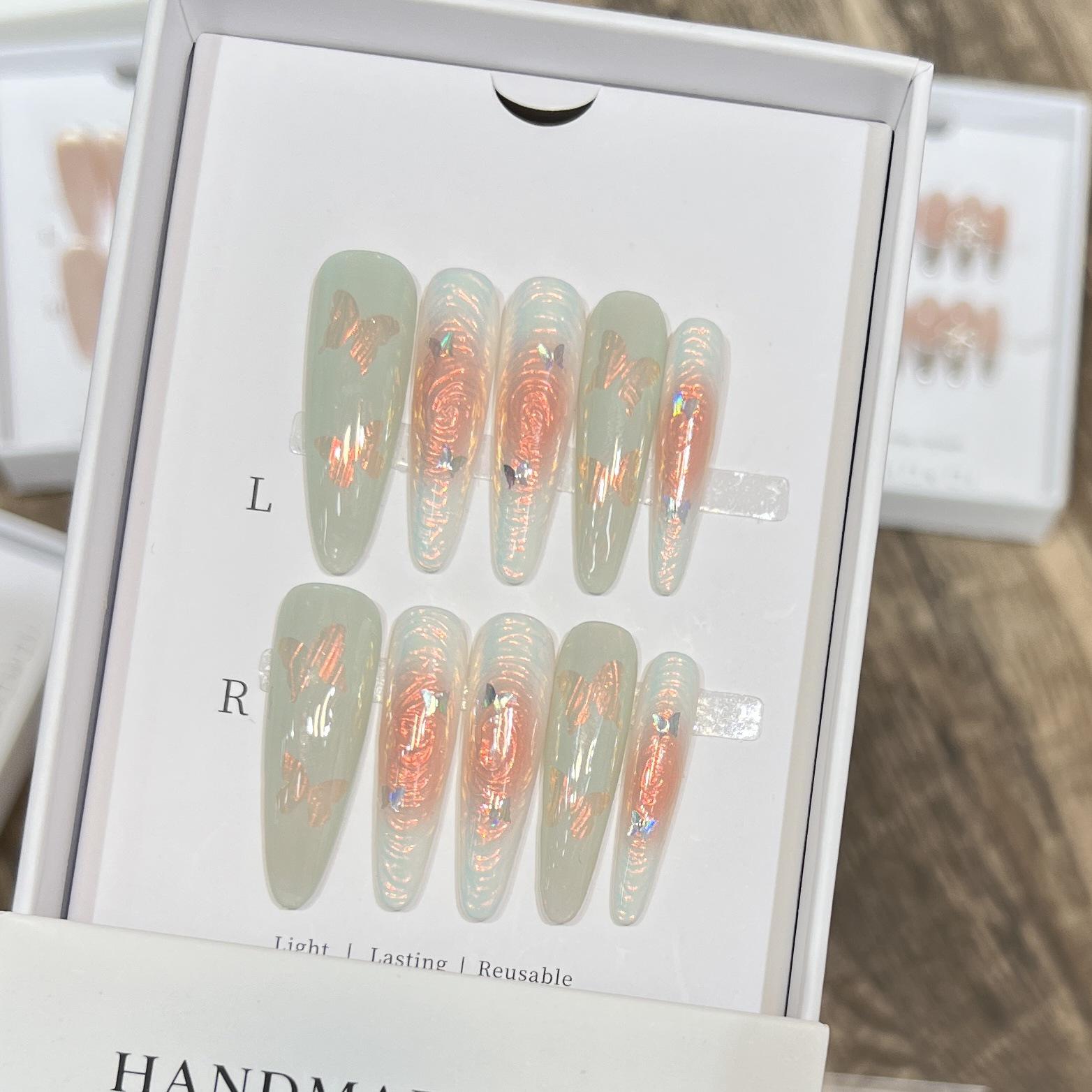 

Dorisun Iridescent Swirl Butterfly Nail Tips - Gentle Green, Removable and Handmade. Medium M