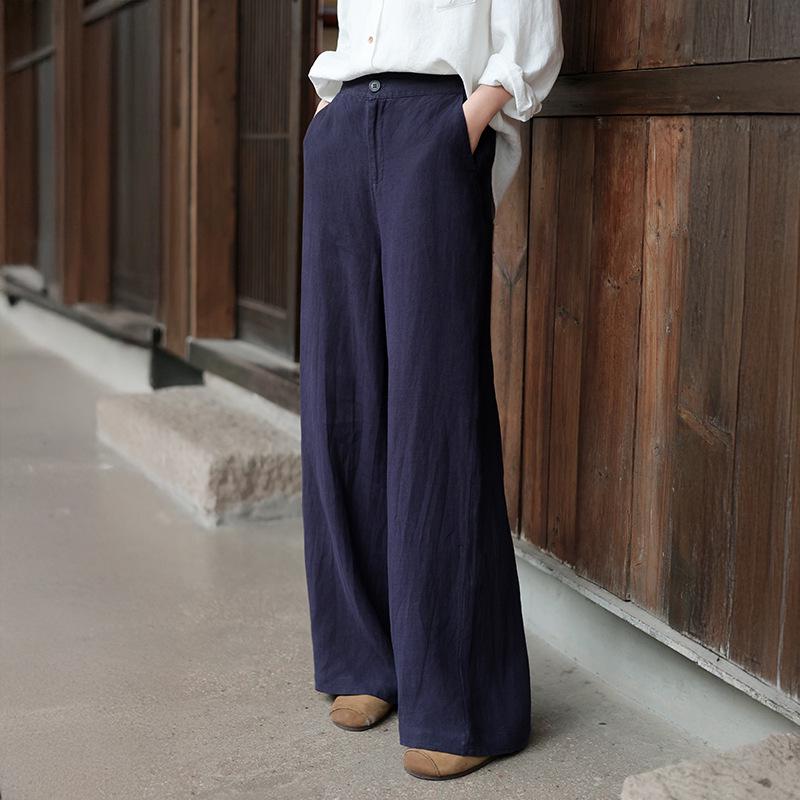 Lu & Andi Women's Spring Han Hemp Wide-Leg Pants - New Chinese Style Slimming Drape Straight Leg Casuals