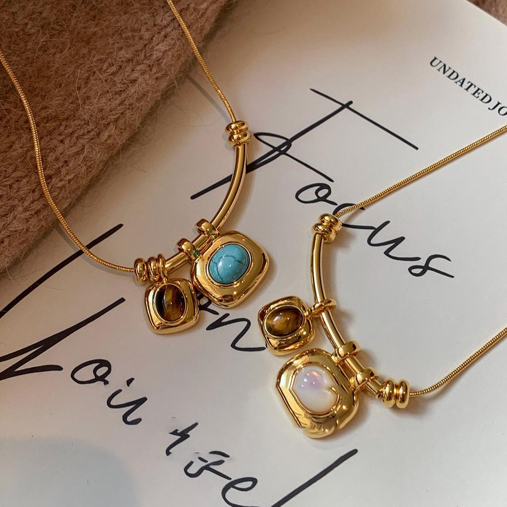 18K real gold electroplated tiger's eye stone pendant necklace casual retro temperament collarbone chain light luxury sweater chain women