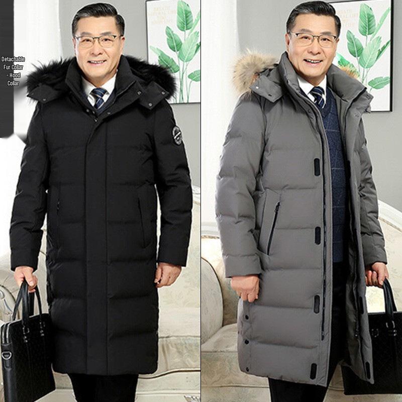 Dad's Winter Coat: Thick Knee-Length Down Jacket with Large Fur Collar for Middle-Aged & Elderly Men – Cold Protection, White Duck Down