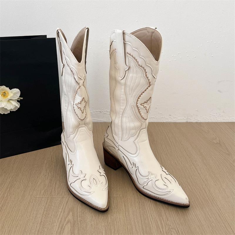 

Бежевые ретро сапоги с V-образным вырезом и толстым каблуком женские лето 2025 новые тонкокожие ковбойские сапоги-рыцари в западном стиле 42 бежевый