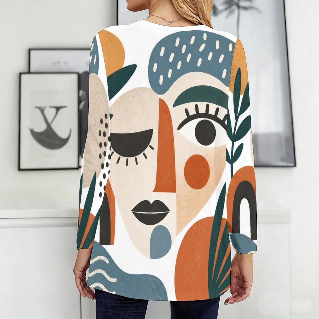 Women Plus Size Round Neck Long Sleeve Abstract Printed Loose Longline T Shirt With Pockets