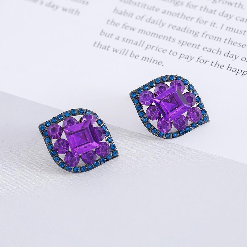 Stylish European & American Rhombus Faux Diamond Stud Earrings in Trendy Purple