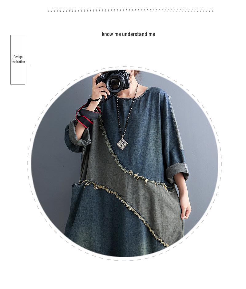 Women's Contrast Patchwork Denim Dress - Plus Size, Frayed, Loose, Mid-Length Skirt for Spring/Autumn