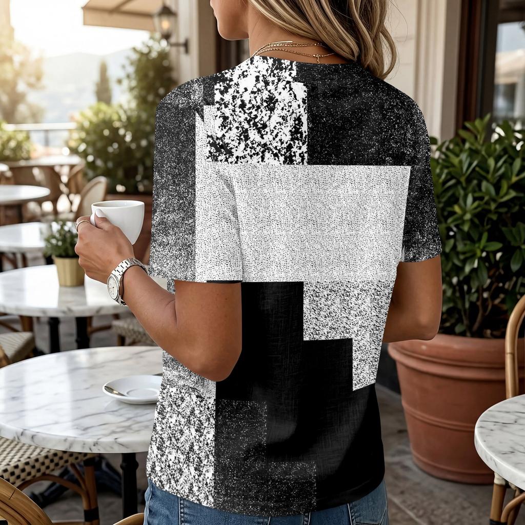 Camicia da Donna a Maniche Corte in Cotone e Lino Henley con Bottoni Collo Casual Vestibilità Larga Blusa Stampata Comoda Leggera Top Estivo