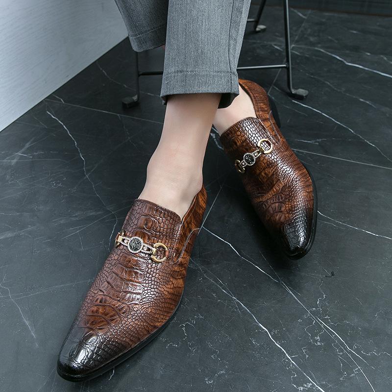 Chelsea Snake Patterned Pointed Leather Shoes with Metal Buttons Men's Oxford Formal Shoes Fashionable Low Cut New Men's Shoes