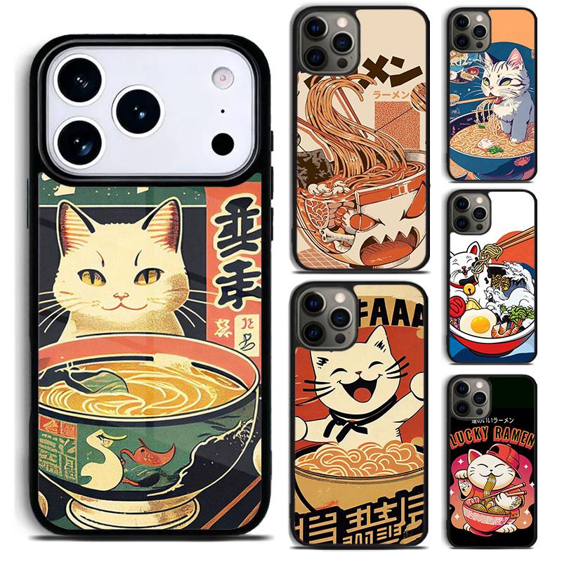 Neko Ramen Japan Cat Anime Phone Case for iPhone 17 16 15 Pro Max Air 14 13 12 11 Plus Shockproof Capa Cover