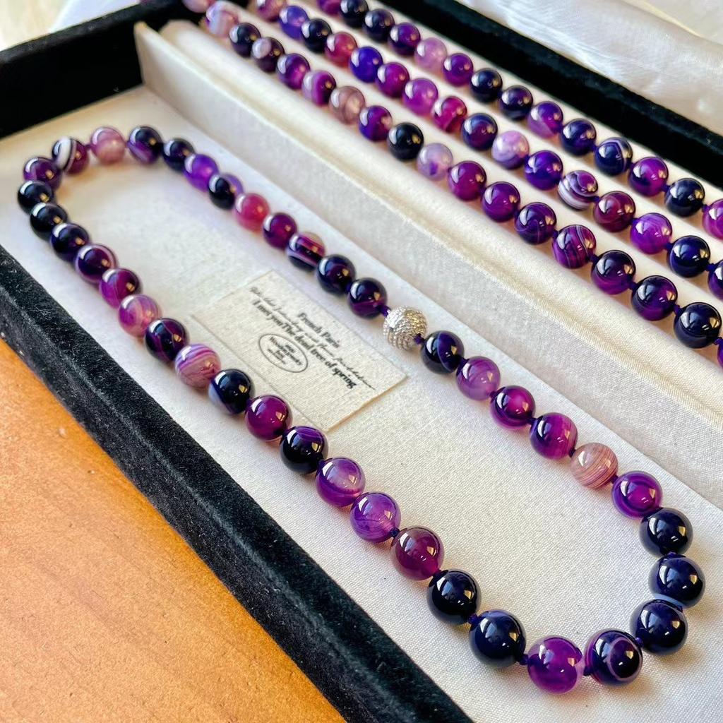 Vintage 12Mm Shujulai Natural Purple Chalcedony Agate Necklace Niche Purple Mysterious Clavicle Bead Chain