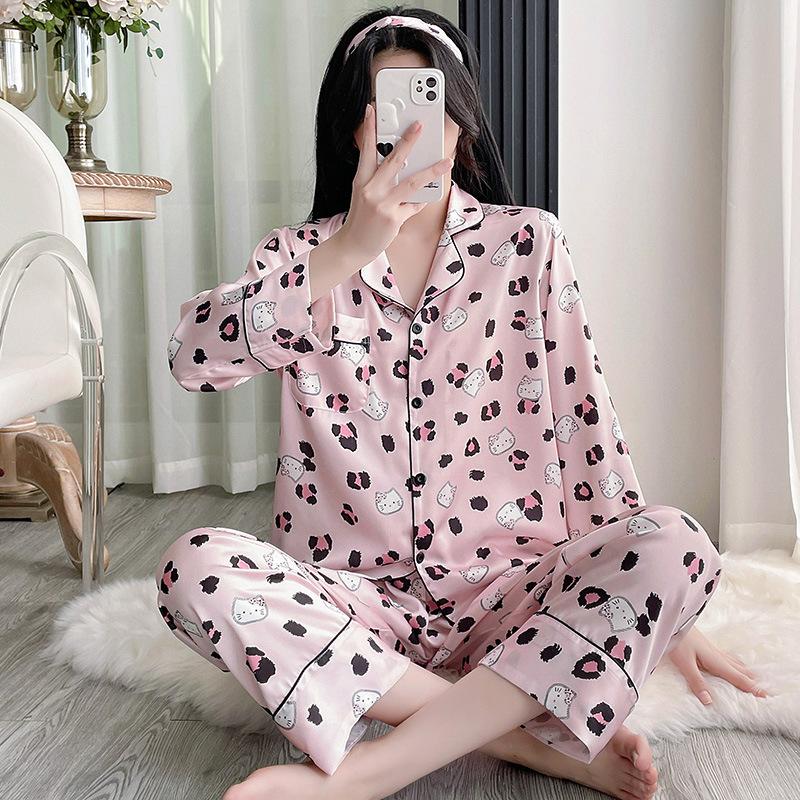 1011 new ice silk pajamas women's cartoon kitten cute personality long-sleeved trousers can be worn outside loungewear set